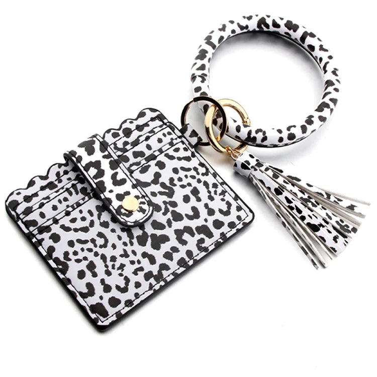 Multicolor Custom Circle Bangle Bracelet Card Holder Tassel Keychain PU Leather Womens Wristlets Wallets