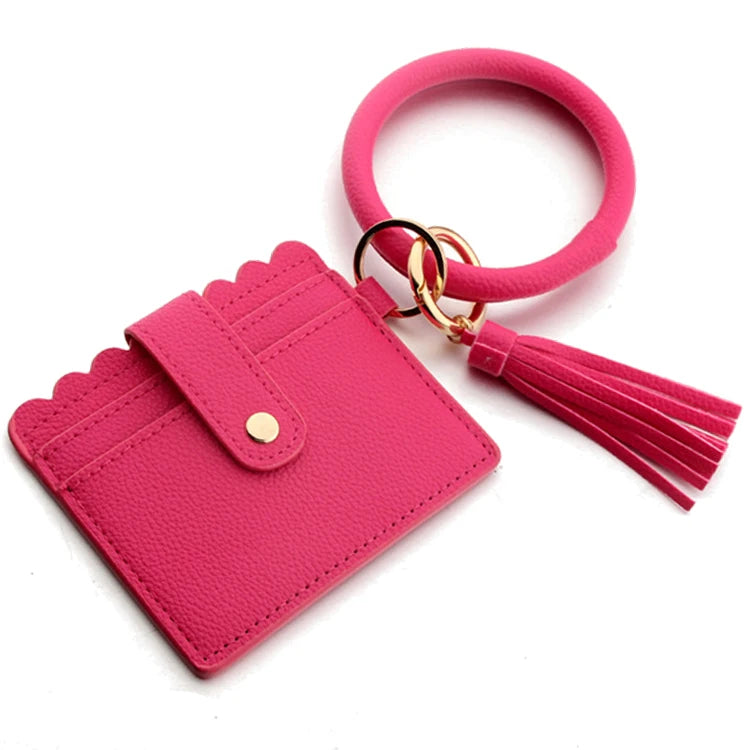 Multicolor Custom Circle Bangle Bracelet Card Holder Tassel Keychain PU Leather Womens Wristlets Wallets