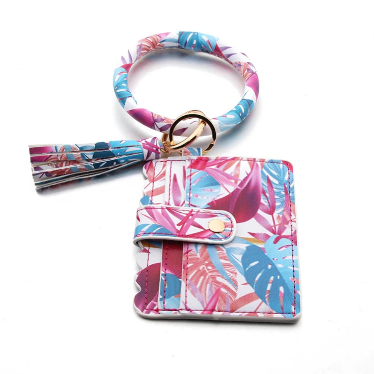 Multicolor Custom Circle Bangle Bracelet Card Holder Tassel Keychain PU Leather Womens Wristlets Wallets