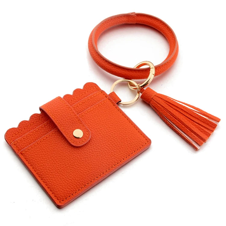 Multicolor Custom Circle Bangle Bracelet Card Holder Tassel Keychain PU Leather Womens Wristlets Wallets