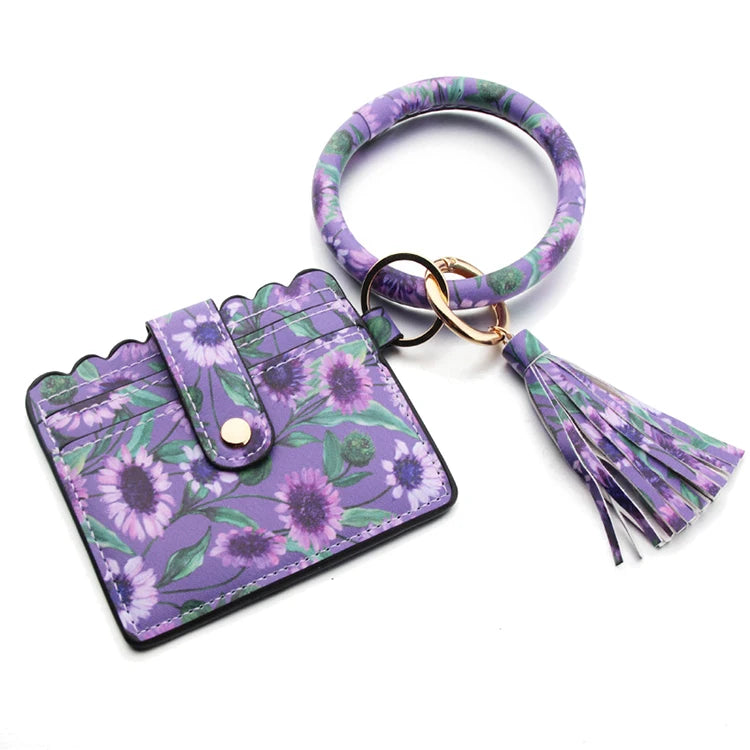 Multicolor Custom Circle Bangle Bracelet Card Holder Tassel Keychain PU Leather Womens Wristlets Wallets