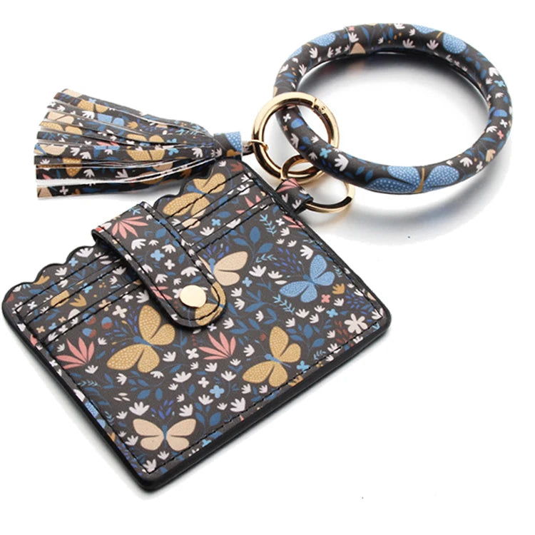 Multicolor Custom Circle Bangle Bracelet Card Holder Tassel Keychain PU Leather Womens Wristlets Wallets