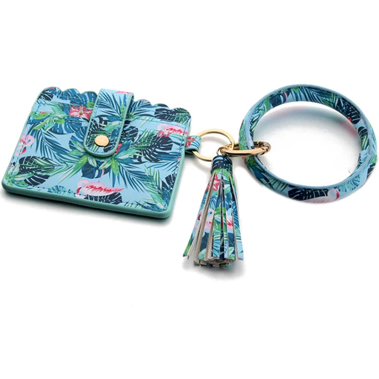 Multicolor Custom Circle Bangle Bracelet Card Holder Tassel Keychain PU Leather Womens Wristlets Wallets