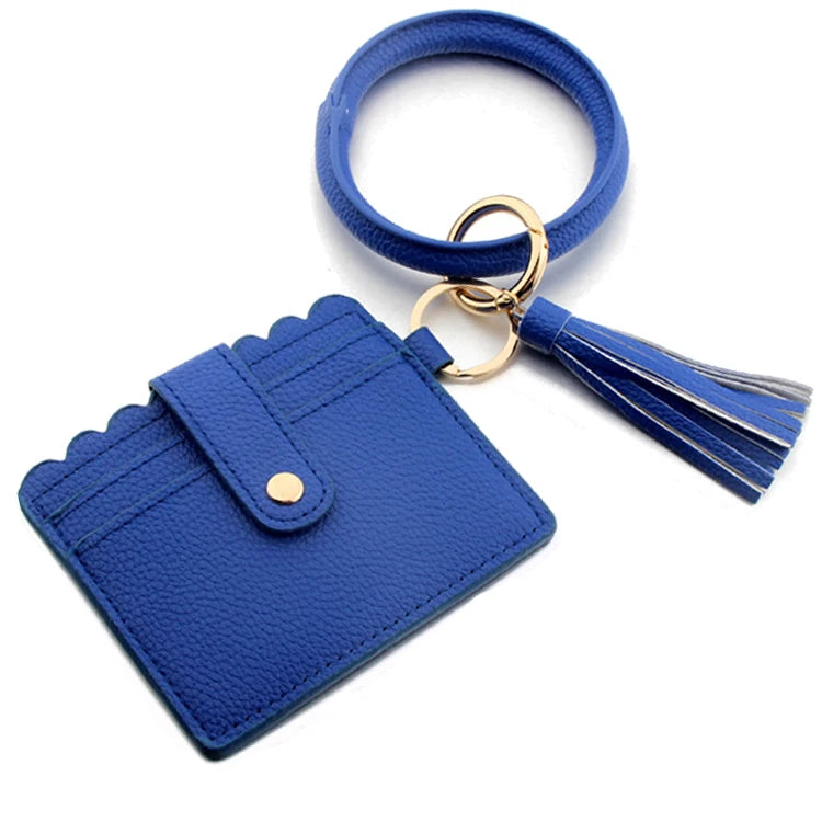 Multicolor Custom Circle Bangle Bracelet Card Holder Tassel Keychain PU Leather Womens Wristlets Wallets
