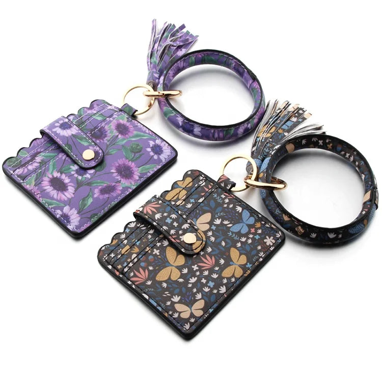 Multicolor Custom Circle Bangle Bracelet Card Holder Tassel Keychain PU Leather Womens Wristlets Wallets