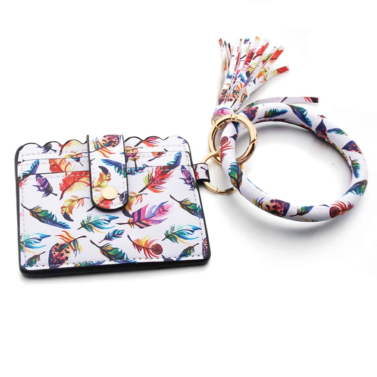 Multicolor Custom Circle Bangle Bracelet Card Holder Tassel Keychain PU Leather Womens Wristlets Wallets
