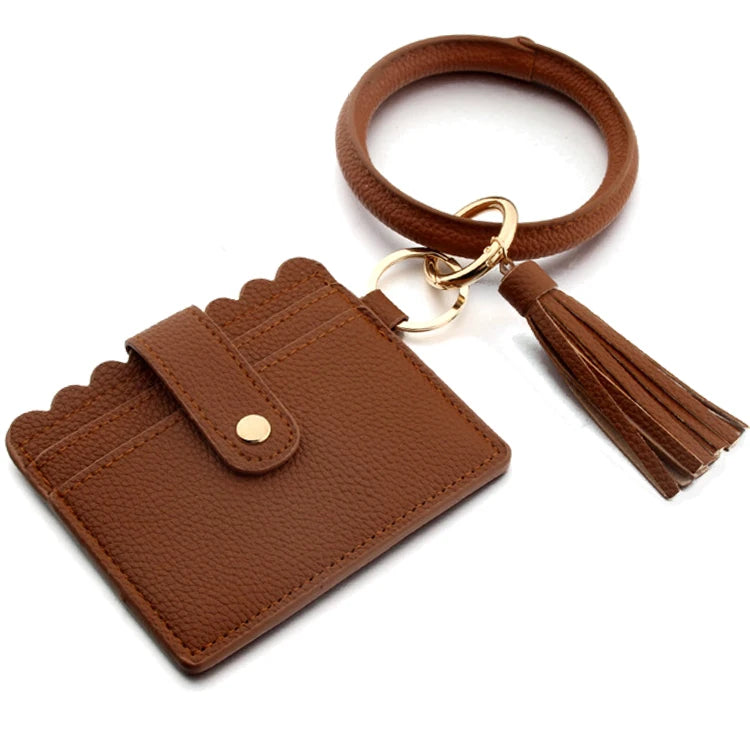 Multicolor Custom Circle Bangle Bracelet Card Holder Tassel Keychain PU Leather Womens Wristlets Wallets