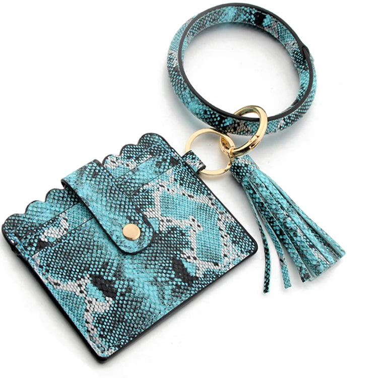 Multicolor Custom Circle Bangle Bracelet Card Holder Tassel Keychain PU Leather Womens Wristlets Wallets