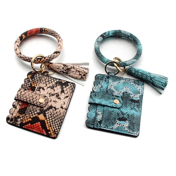 Multicolor Custom Circle Bangle Bracelet Card Holder Tassel Keychain PU Leather Womens Wristlets Wallets