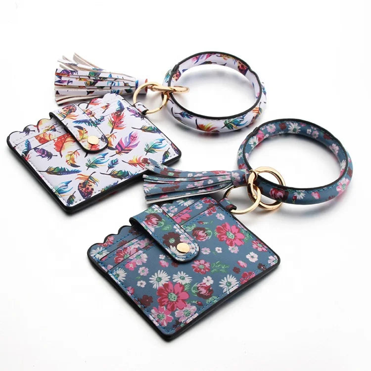 Multicolor Custom Circle Bangle Bracelet Card Holder Tassel Keychain PU Leather Womens Wristlets Wallets