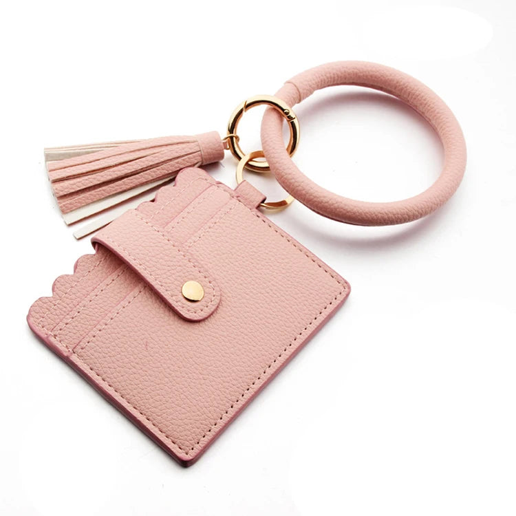 Multicolor Custom Circle Bangle Bracelet Card Holder Tassel Keychain PU Leather Womens Wristlets Wallets