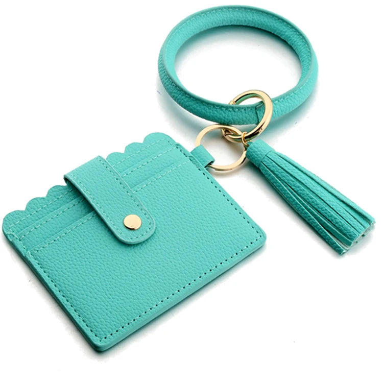 Multicolor Custom Circle Bangle Bracelet Card Holder Tassel Keychain PU Leather Womens Wristlets Wallets