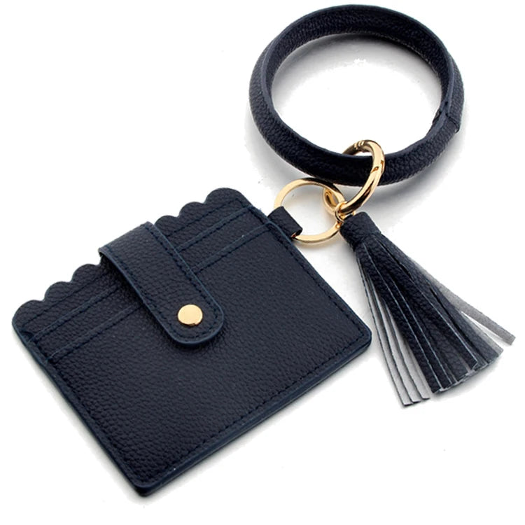 Multicolor Custom Circle Bangle Bracelet Card Holder Tassel Keychain PU Leather Womens Wristlets Wallets