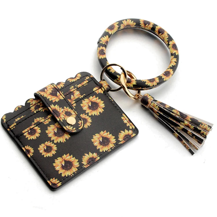 Multicolor Custom Circle Bangle Bracelet Card Holder Tassel Keychain PU Leather Womens Wristlets Wallets