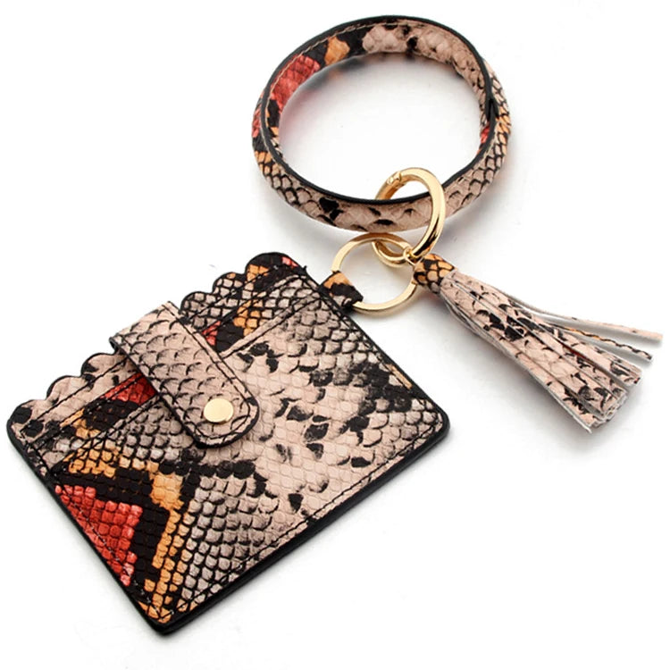 Multicolor Custom Circle Bangle Bracelet Card Holder Tassel Keychain PU Leather Womens Wristlets Wallets