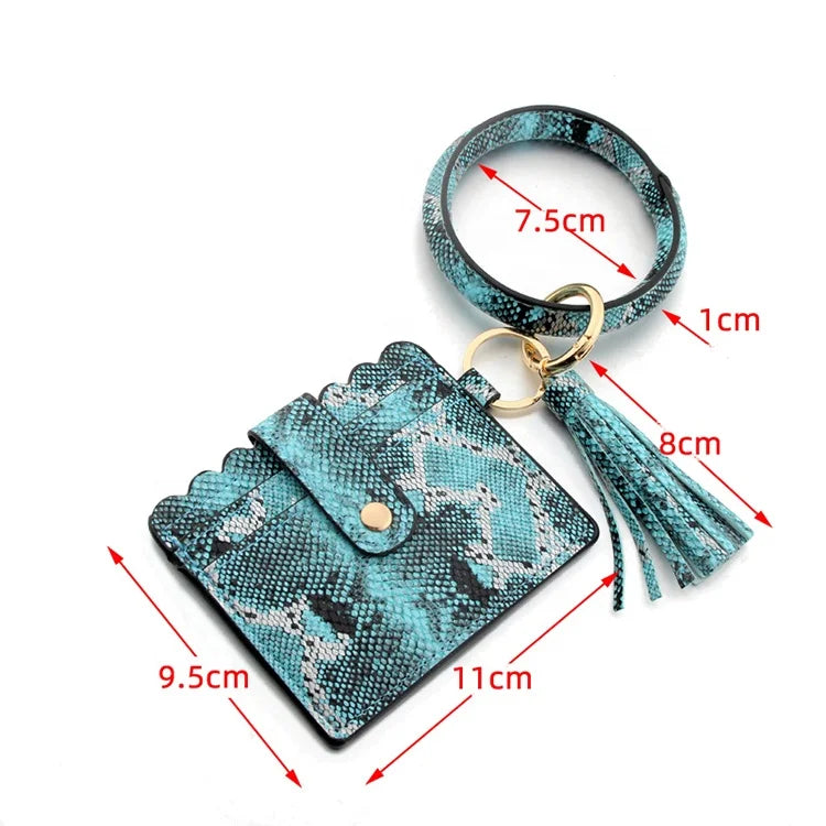 Multicolor Custom Circle Bangle Bracelet Card Holder Tassel Keychain PU Leather Womens Wristlets Wallets