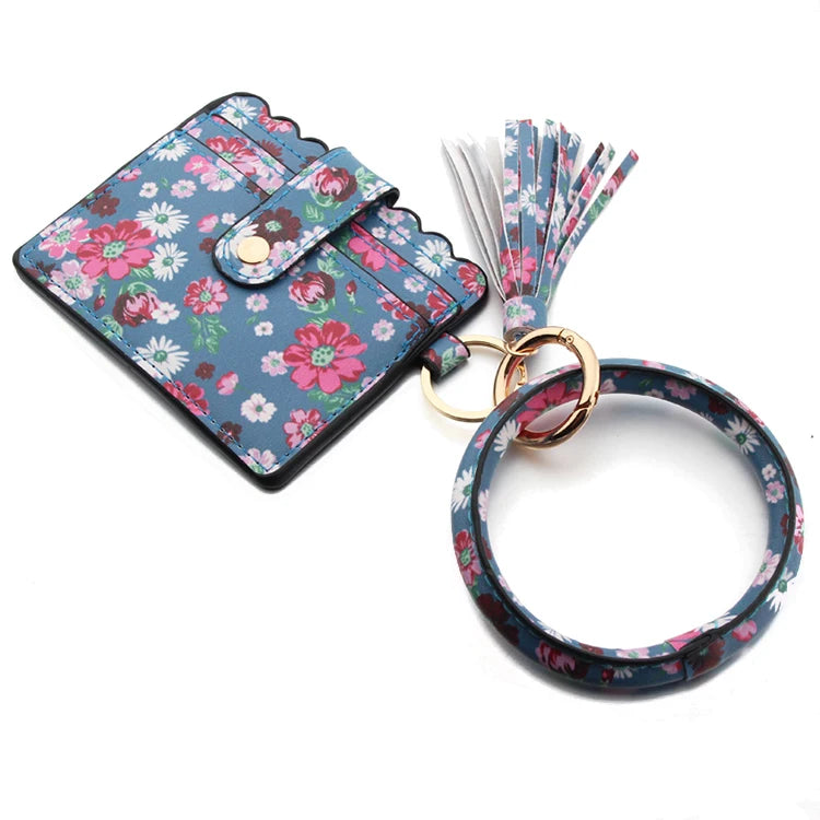 Multicolor Custom Circle Bangle Bracelet Card Holder Tassel Keychain PU Leather Womens Wristlets Wallets
