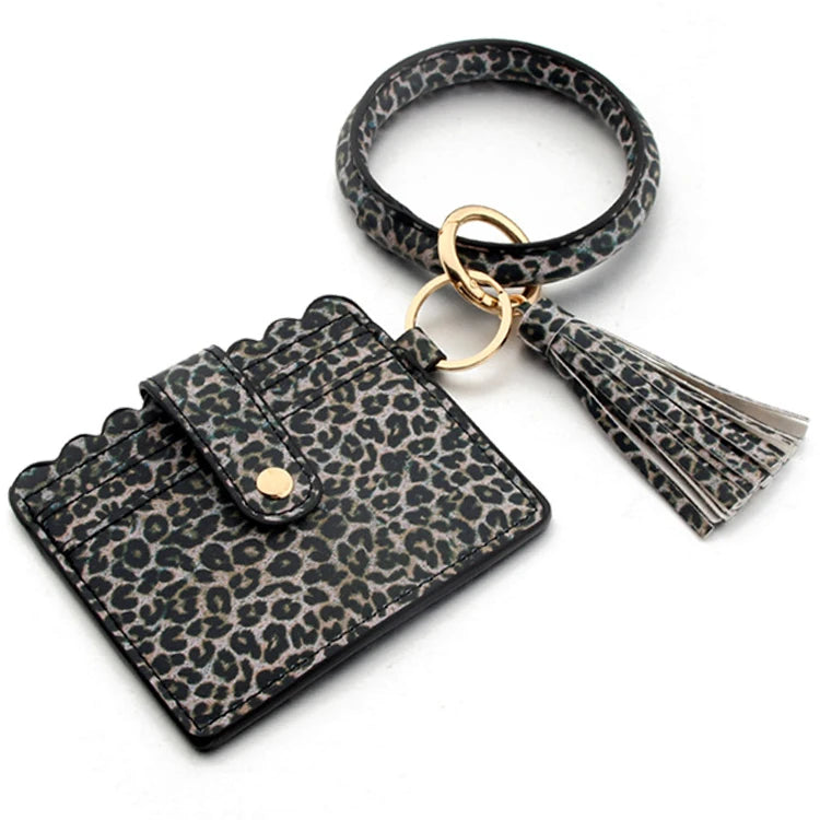 Multicolor Custom Circle Bangle Bracelet Card Holder Tassel Keychain PU Leather Womens Wristlets Wallets