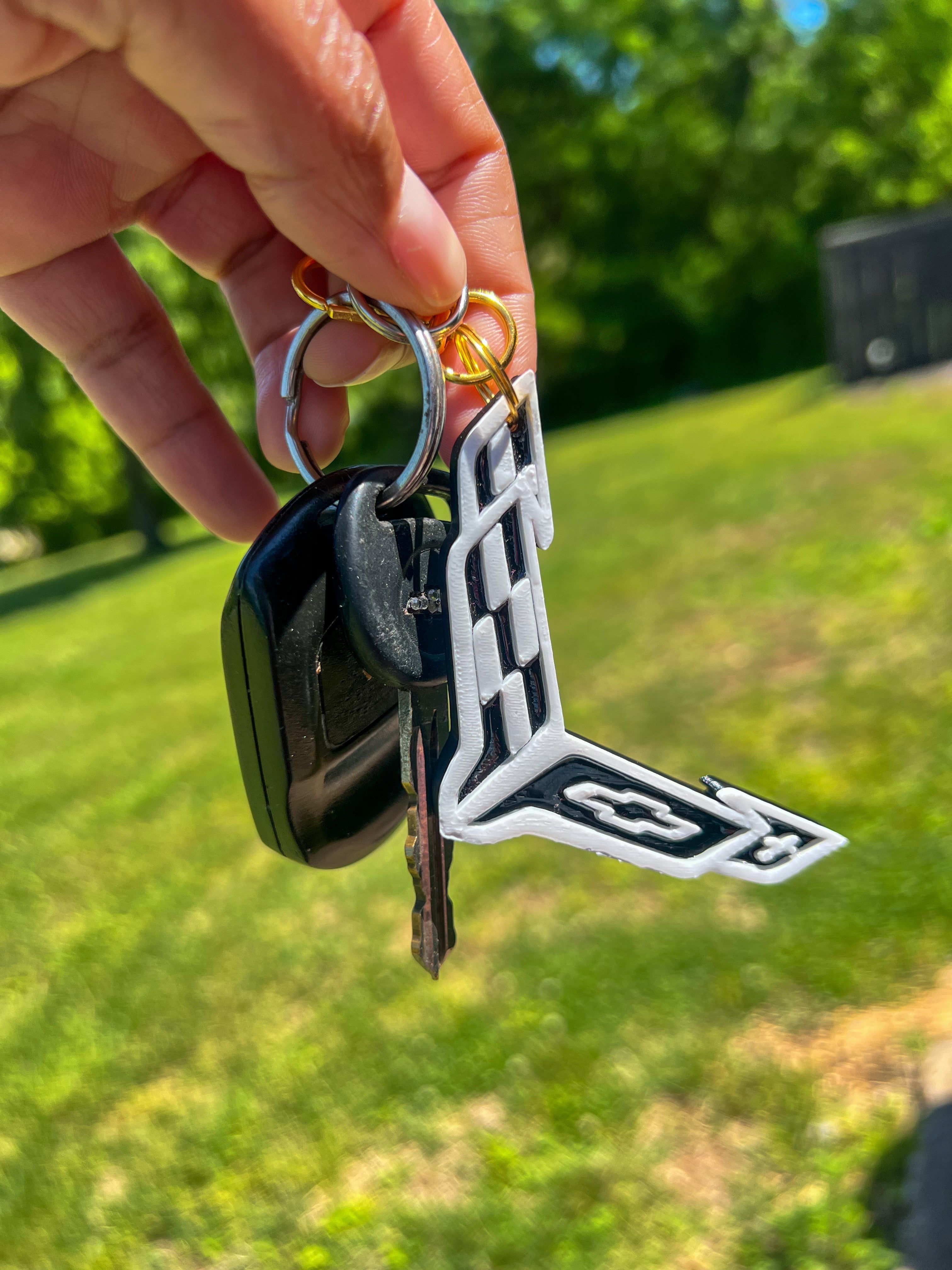 Vette Emblem Keychain | Black & White Corvette Symbol Key Chain | Gold Clasp | Car Enthusiast Gift | Vette Owner Accessories