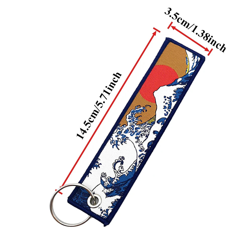 Elegant Women Embroidery Keychain for Bags Backpack Ornament Hokkaido Wave Sun Motorcycle Keyring Holder Unique New Year Gift