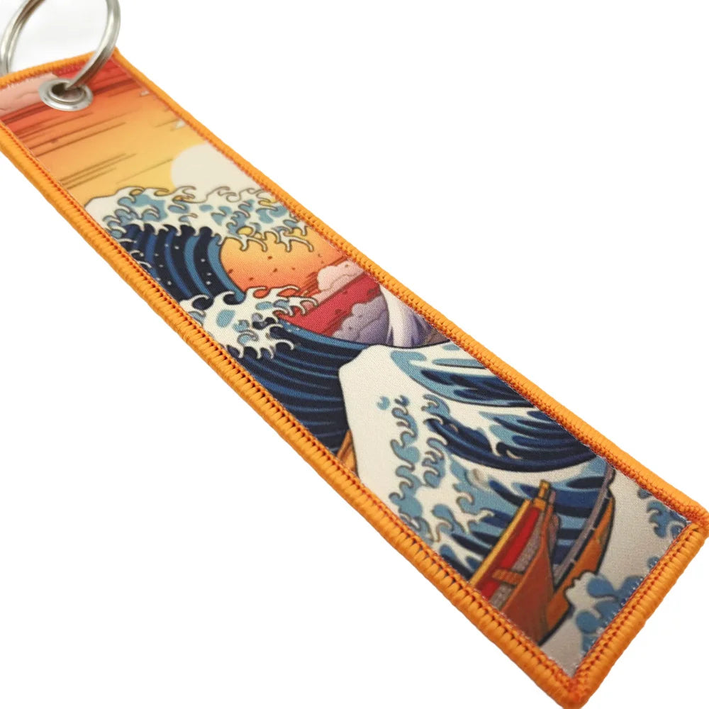 Elegant Women Embroidery Keychain for Bags Backpack Ornament Hokkaido Wave Sun Motorcycle Keyring Holder Unique New Year Gift