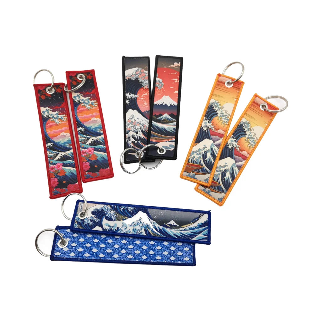 Elegant Women Embroidery Keychain for Bags Backpack Ornament Hokkaido Wave Sun Motorcycle Keyring Holder Unique New Year Gift