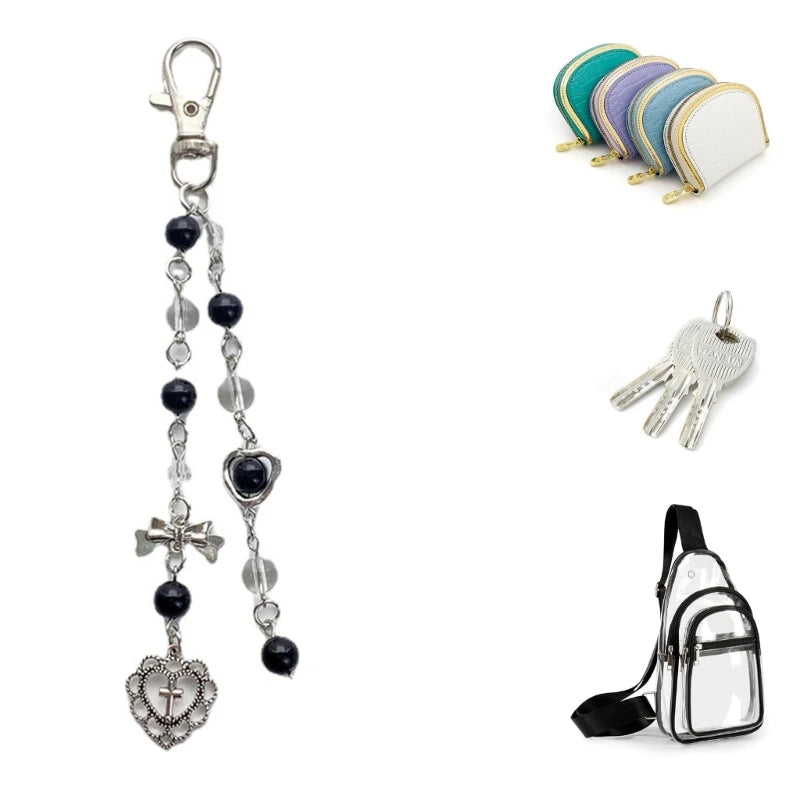 Black Clear Bead Keychain Cool Y2K Phone Charm Girls Bowknot Heart Keychain Handmade DIY Accessories