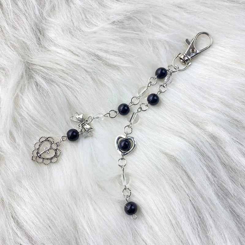 Black Clear Bead Keychain Cool Y2K Phone Charm Girls Bowknot Heart Keychain Handmade DIY Accessories