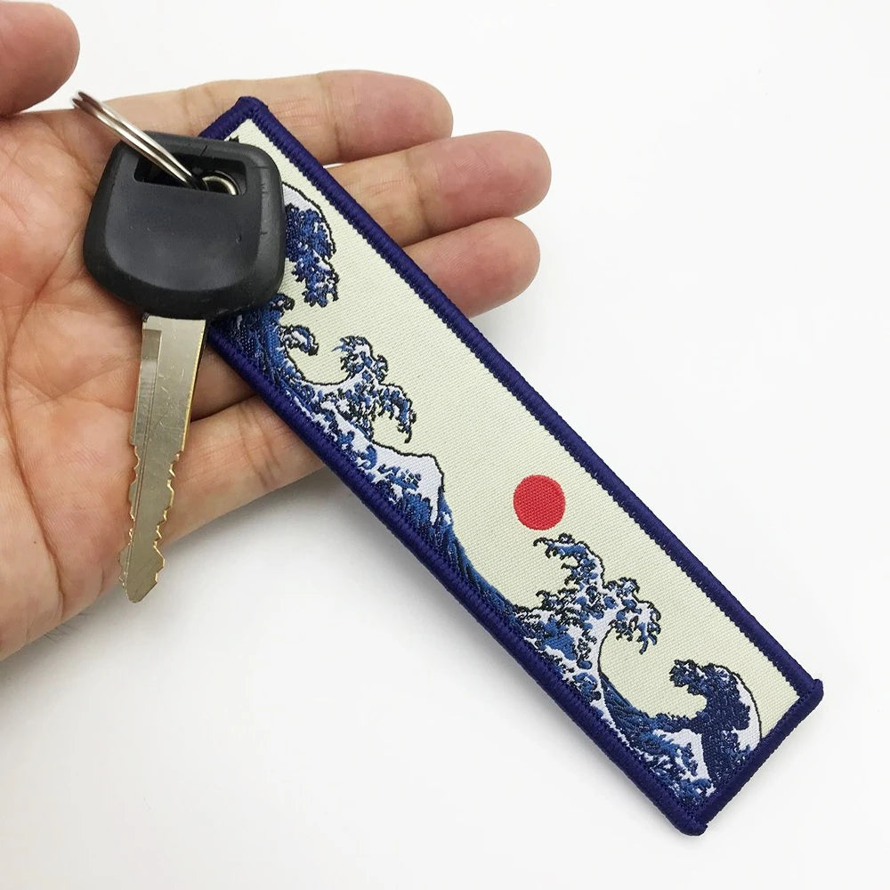Elegant Women Embroidery Keychain for Bags Backpack Ornament Hokkaido Wave Sun Motorcycle Keyring Holder Unique New Year Gift