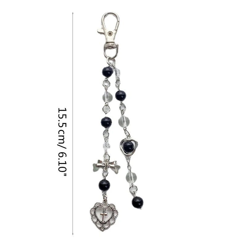 Black Clear Bead Keychain Cool Y2K Phone Charm Girls Bowknot Heart Keychain Handmade DIY Accessories