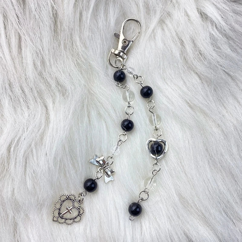 Black Clear Bead Keychain Cool Y2K Phone Charm Girls Bowknot Heart Keychain Handmade DIY Accessories