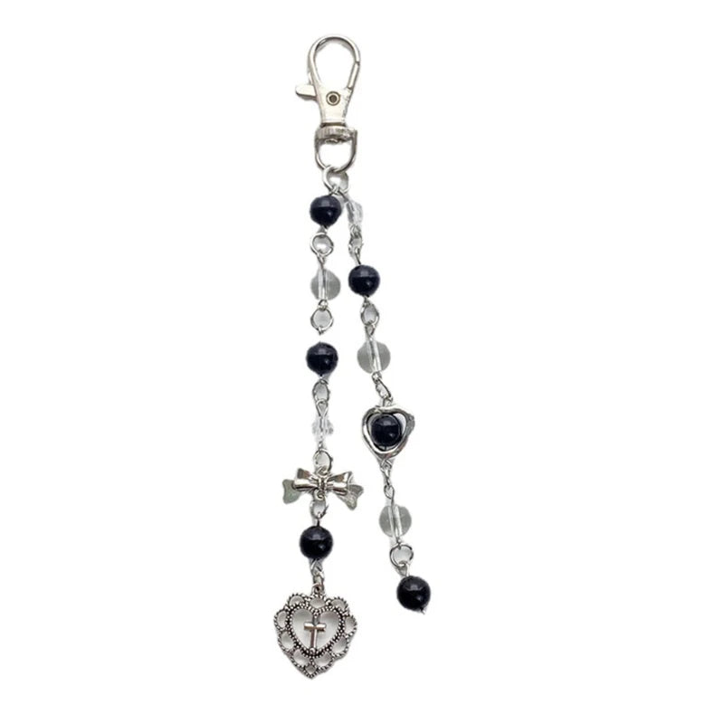 Black Clear Bead Keychain Cool Y2K Phone Charm Girls Bowknot Heart Keychain Handmade DIY Accessories
