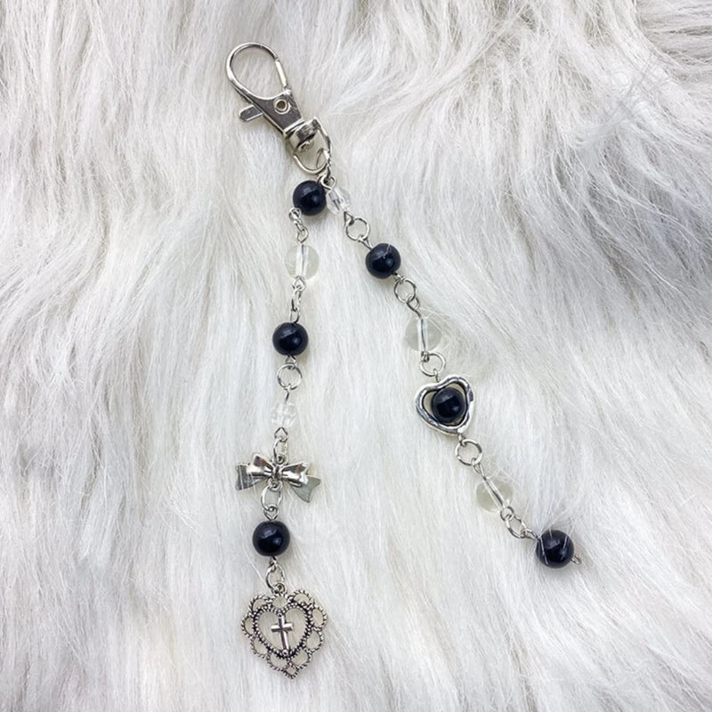 Black Clear Bead Keychain Cool Y2K Phone Charm Girls Bowknot Heart Keychain Handmade DIY Accessories