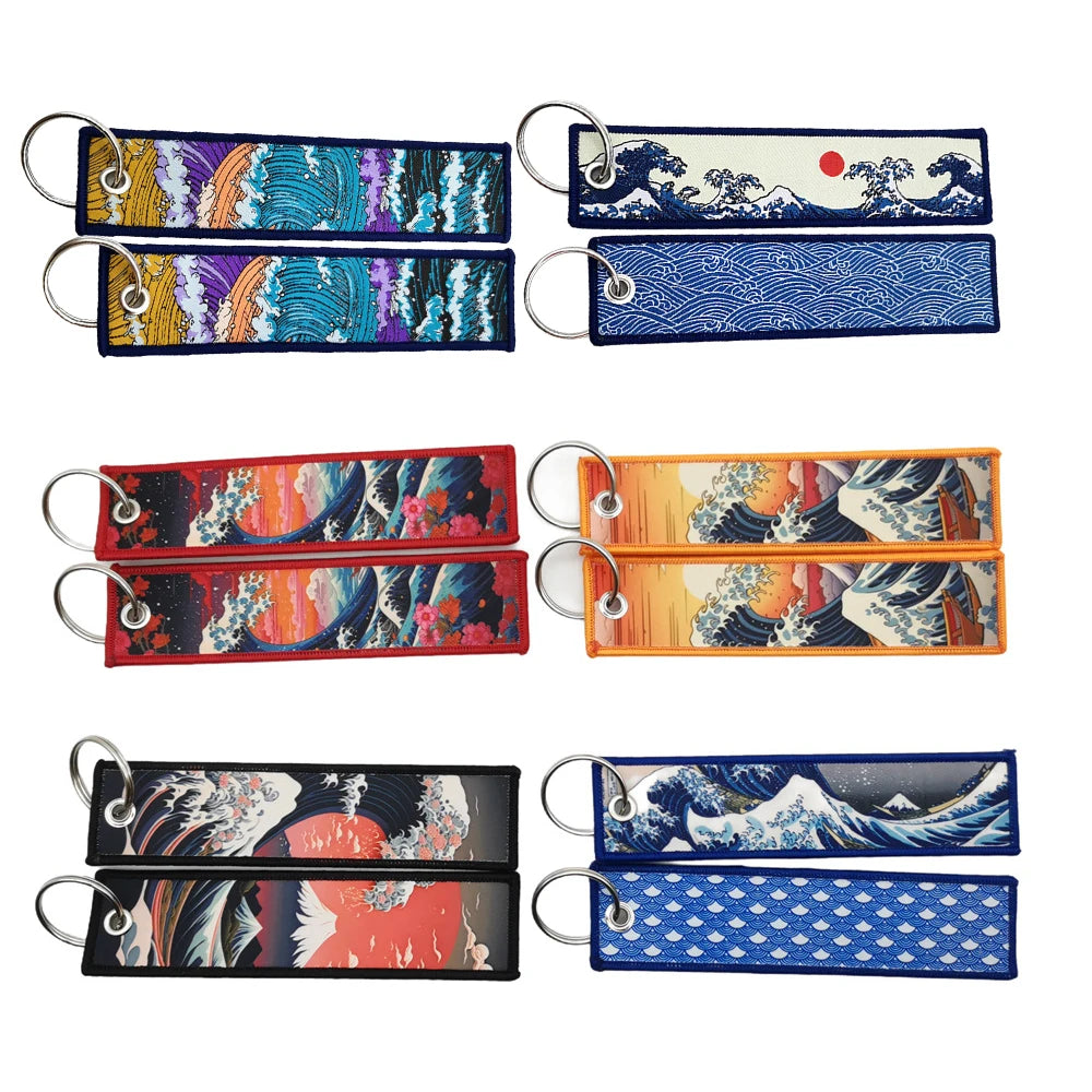 Elegant Women Embroidery Keychain for Bags Backpack Ornament Hokkaido Wave Sun Motorcycle Keyring Holder Unique New Year Gift