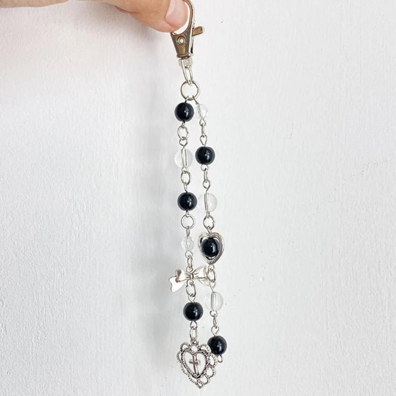Black Clear Bead Keychain Cool Y2K Phone Charm Girls Bowknot Heart Keychain Handmade DIY Accessories